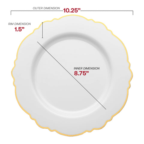 White with Gold Rim Round Blossom Disposable Plastic Dinner Plates (10.25