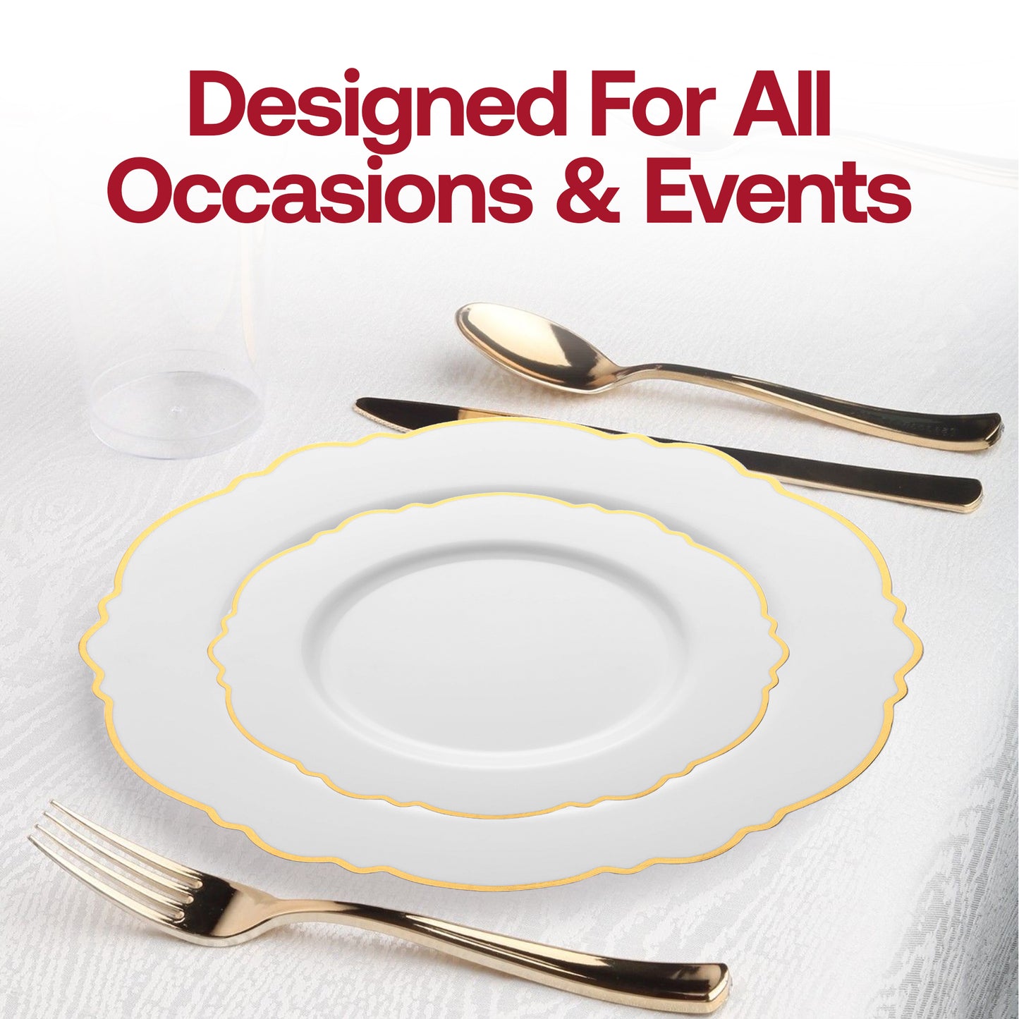 White with Gold Rim Round Blossom Disposable Plastic Dinner Plates (10.25") Lifestyle | The Kaya Collection