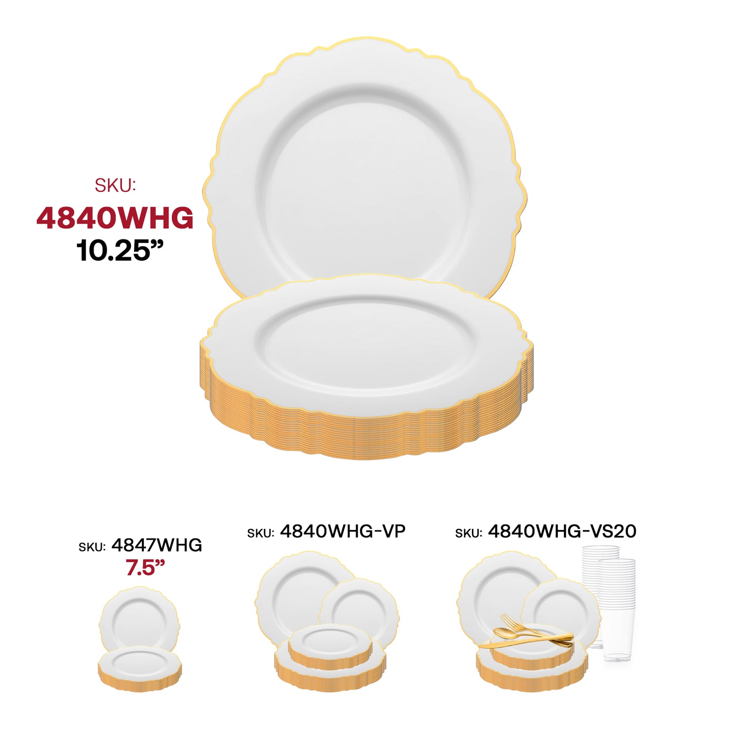 White with Gold Rim Round Blossom Disposable Plastic Dinner Plates (10.25") SKU | The Kaya Collection