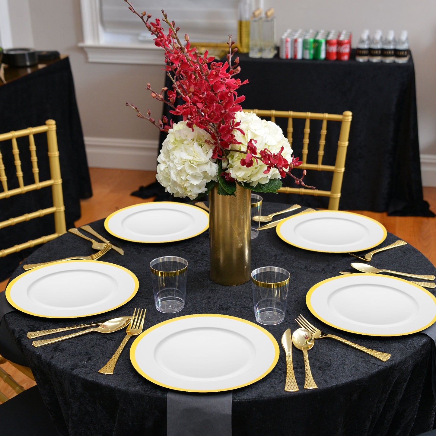 White with Gold Rim Round Plastic Charger Plates (13")