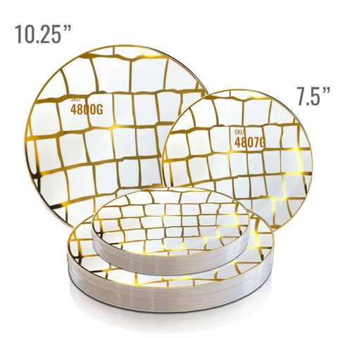 White with Gold Scales Pattern Round Disposable Plastic Dinner Plates (10.25