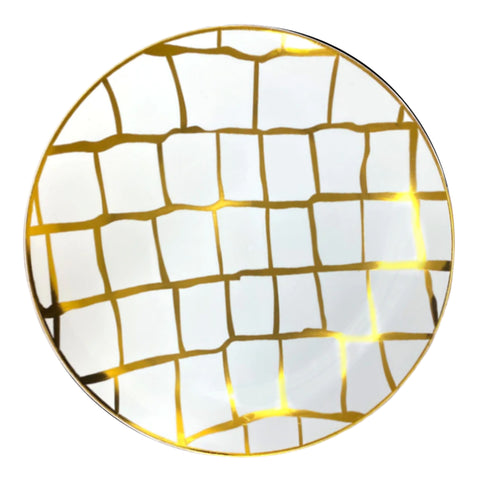White with Gold Scales Pattern Round Disposable Plastic Dinner Plates (10.25