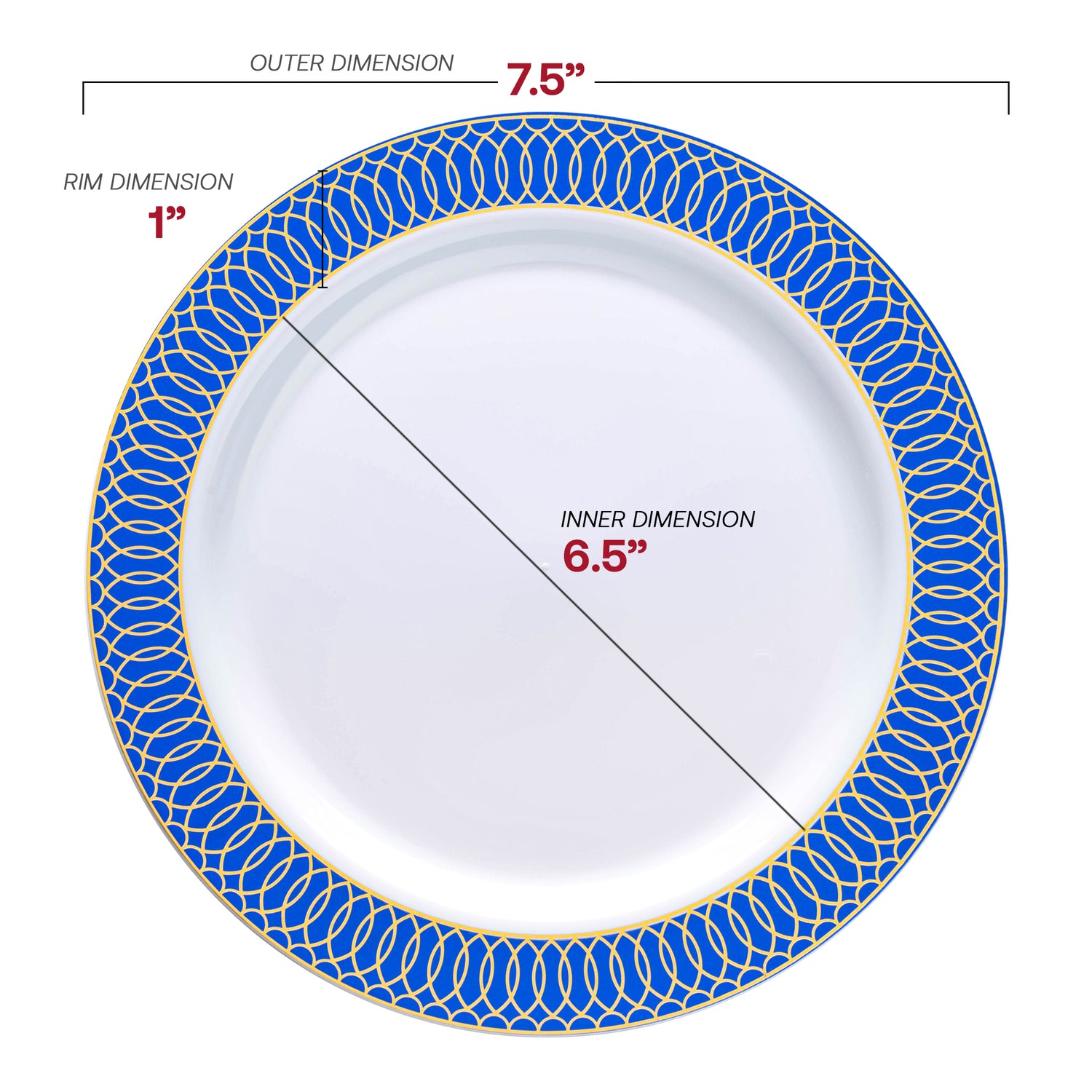 White with Gold Spiral on Blue Rim Plastic Appetizer/Salad Plates (7.5") Dimension | The Kaya Collection