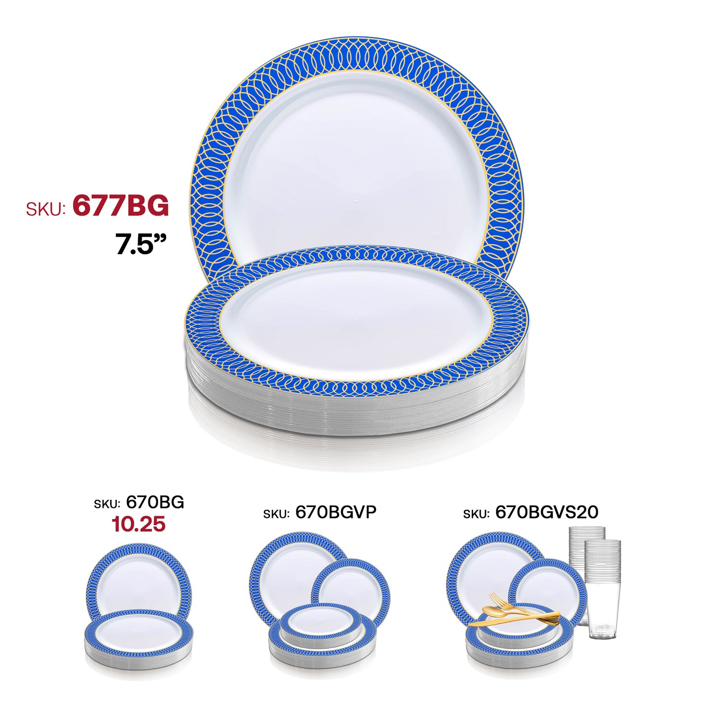 White with Gold Spiral on Blue Rim Plastic Appetizer/Salad Plates (7.5") SKU | The Kaya Collection