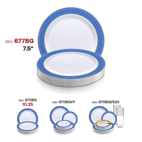 White with Gold Spiral on Blue Rim Plastic Appetizer/Salad Plates (7.5