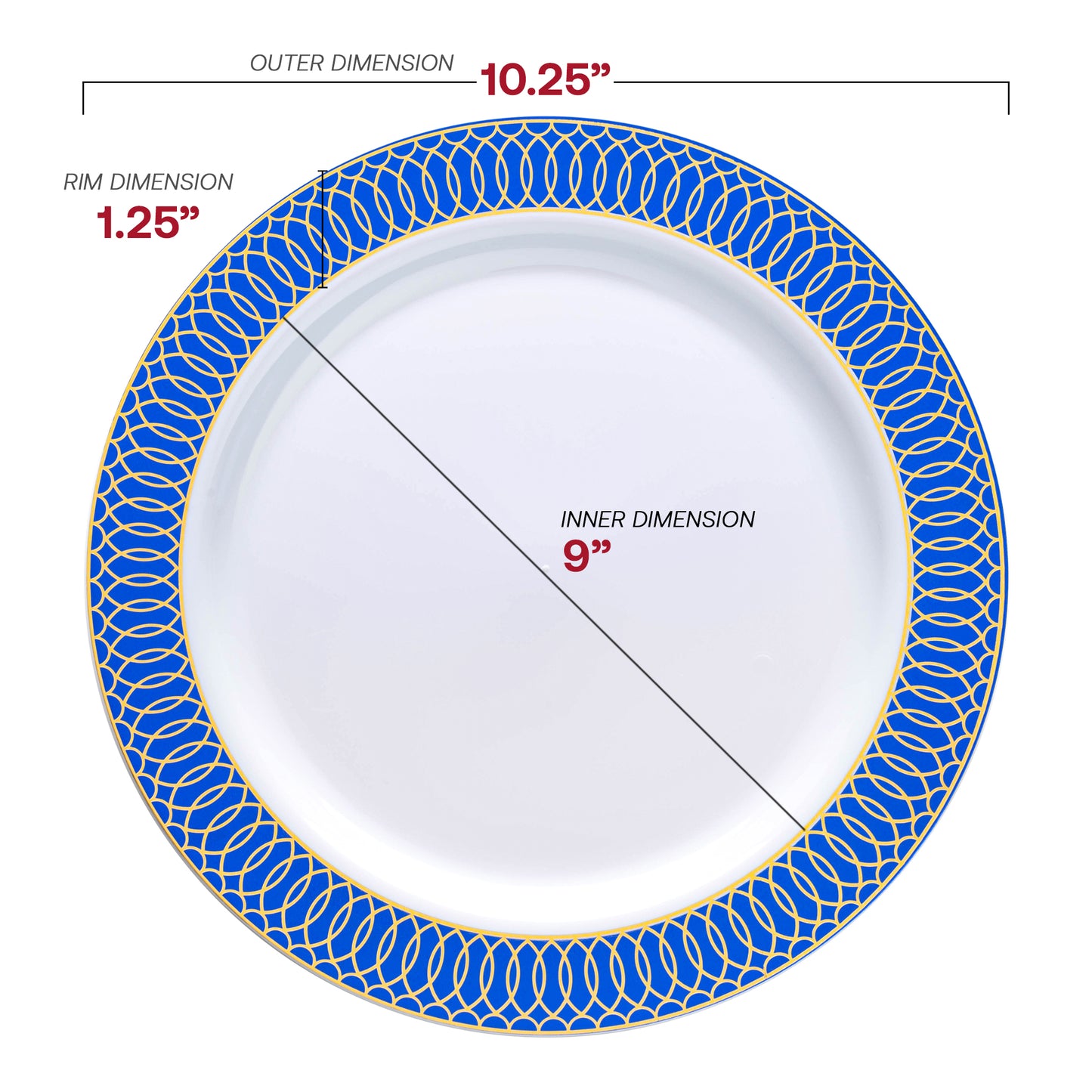 White with Gold Spiral on Blue Rim Plastic Dinner Plates (10.25") Dimension | The Kaya Collection