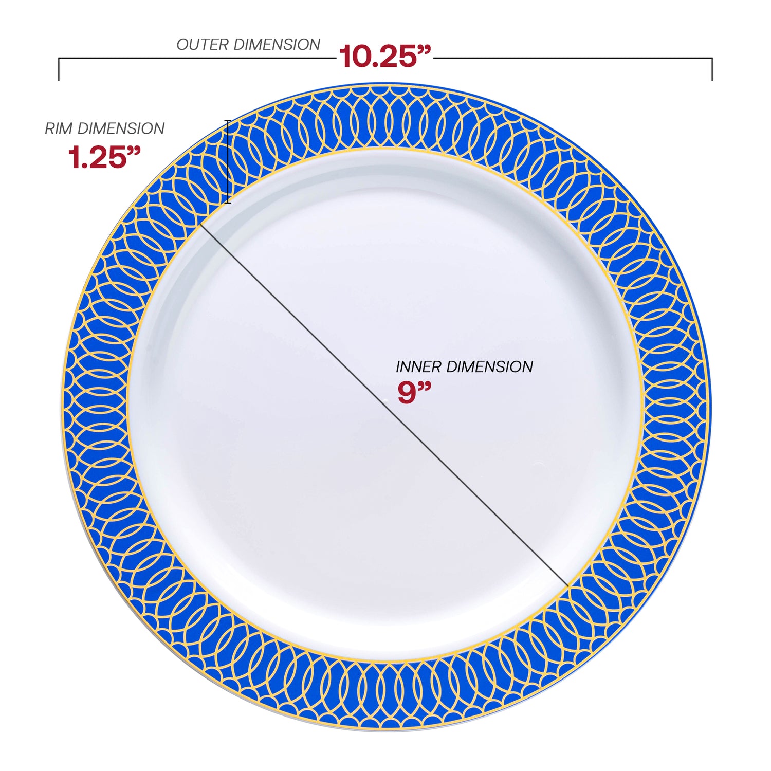 White with Gold Spiral on Blue Rim Plastic Dinner Plates (10.25") Dimension | The Kaya Collection