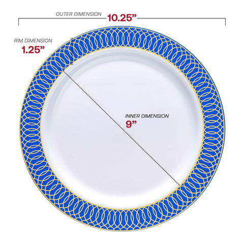 White with Gold Spiral on Blue Rim Plastic Dinner Plates (10.25