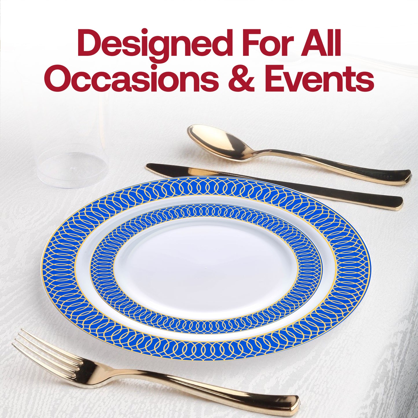 White with Gold Spiral on Blue Rim Plastic Dinner Plates (10.25") Lifestyle | The Kaya Collection