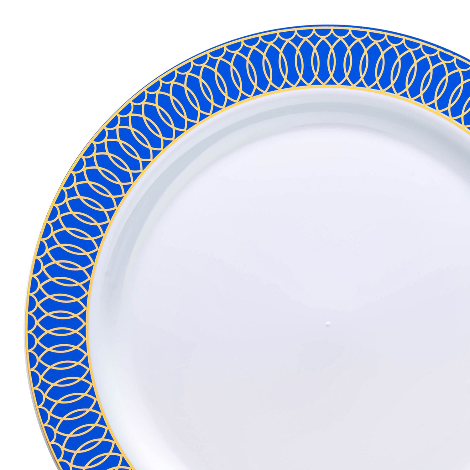 White with Gold Spiral on Blue Rim Plastic Dinner Plates (10.25") | The Kaya Collection
