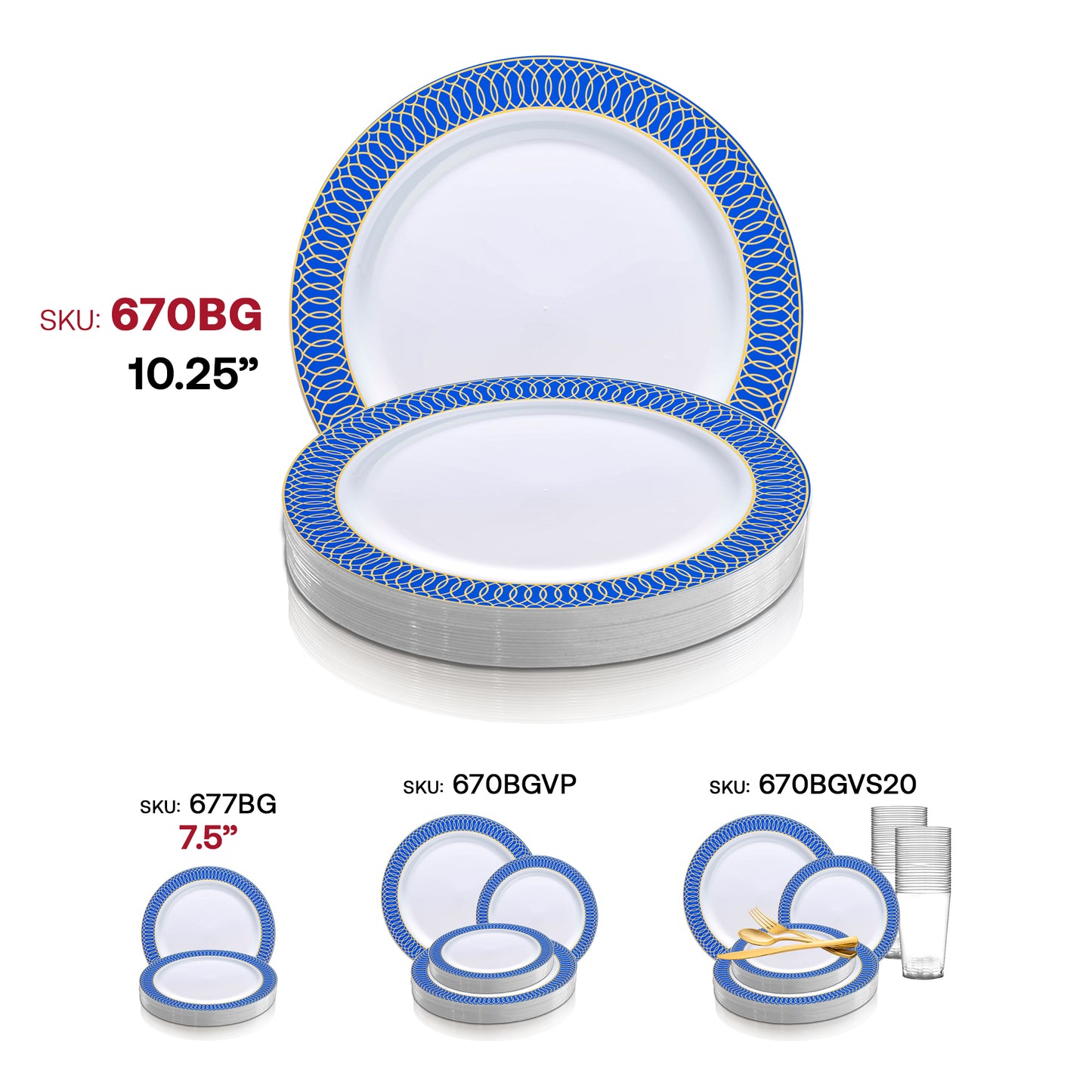 White with Gold Spiral on Blue Rim Plastic Dinner Plates (10.25") SKU | The Kaya Collection