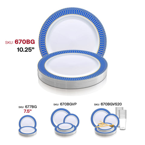 White with Gold Spiral on Blue Rim Plastic Dinner Plates (10.25