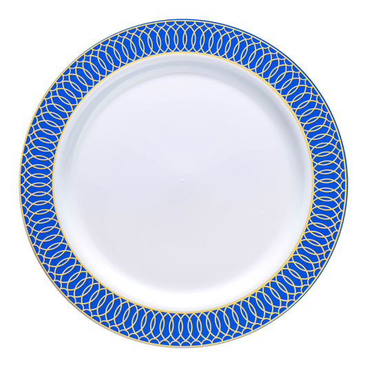 White with Gold Spiral on Blue Rim Plastic Dinner Plates (10.25") | The Kaya Collection