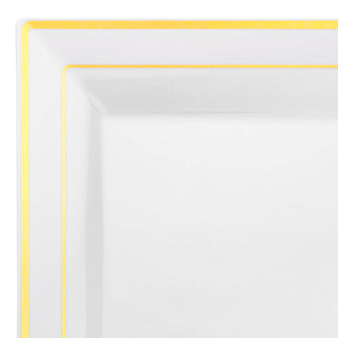 A close-up of the White with Gold Square Edge Rim Disposable Plastic Dinner Plates (9.5