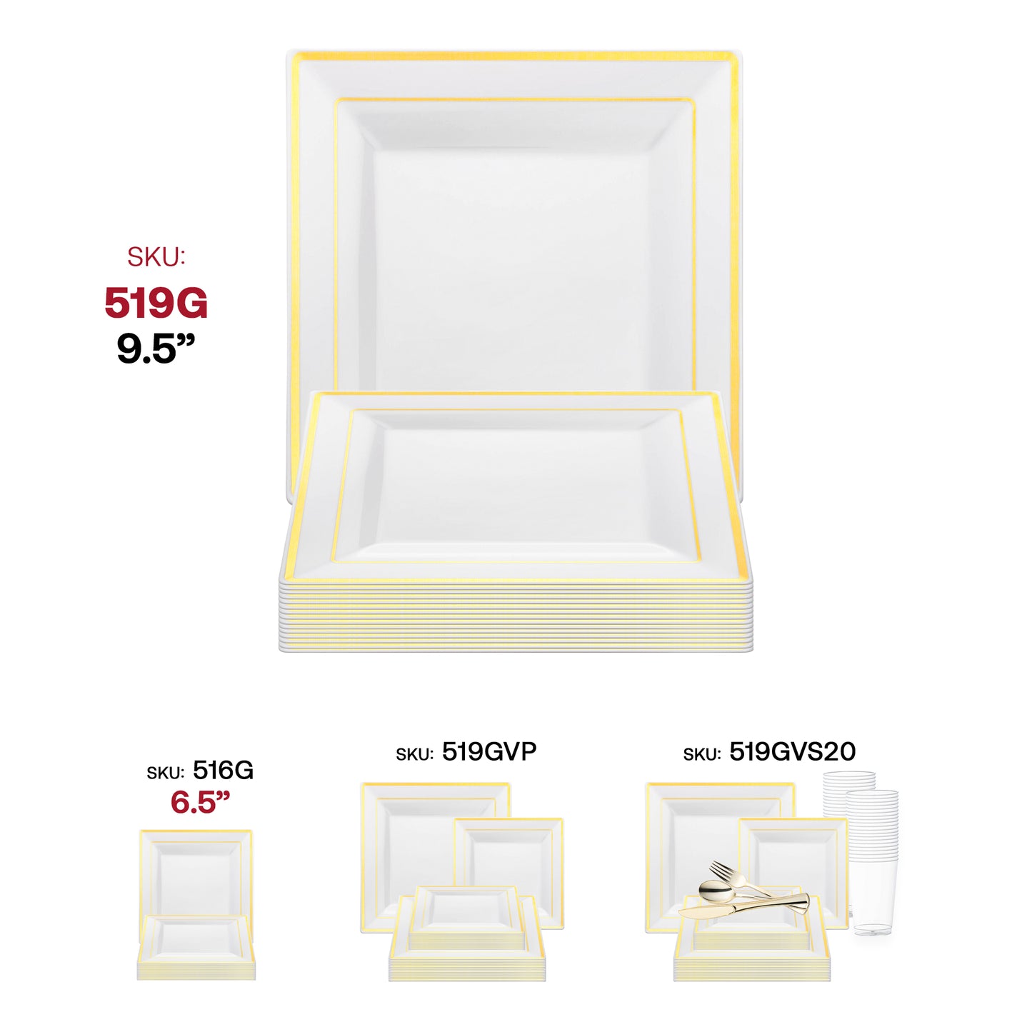 White with Gold Square Edge Rim Disposable Plastic Dinner Plates (9.5")