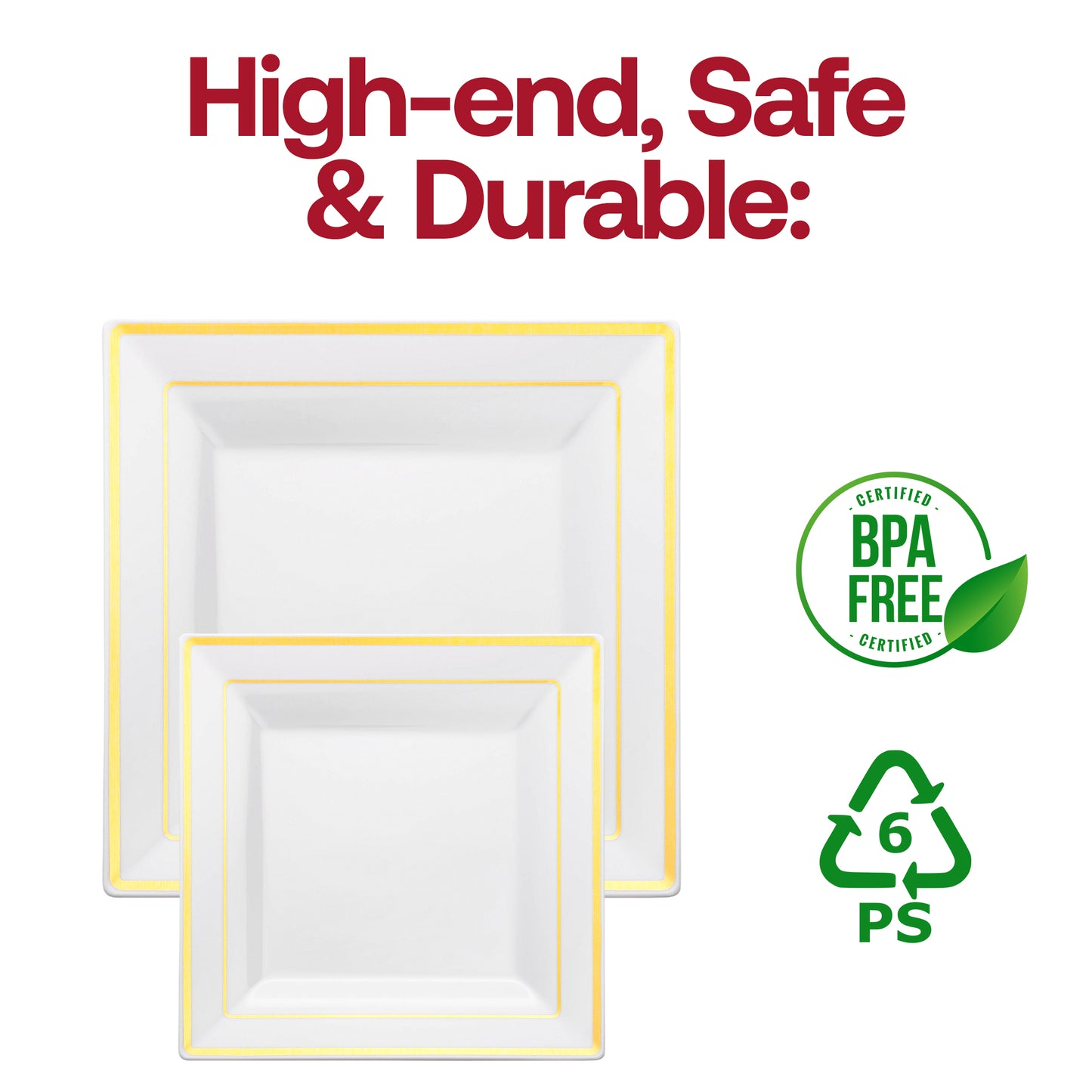 White with Gold Square Edge Rim Plastic Salad Plates (6.5")