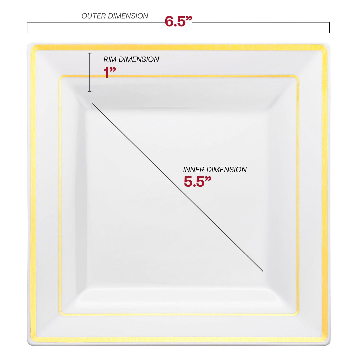 White with Gold Square Edge Rim Plastic Salad Plates (6.5")