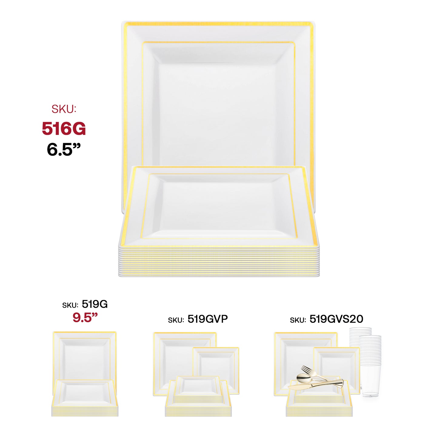 White with Gold Square Edge Rim Plastic Salad Plates (6.5")