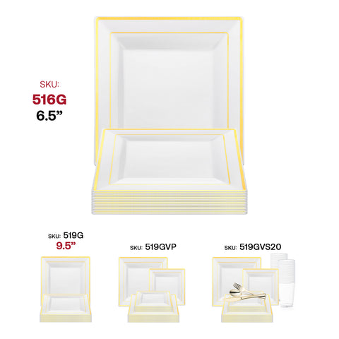 White with Gold Square Edge Rim Plastic Salad Plates (6.5