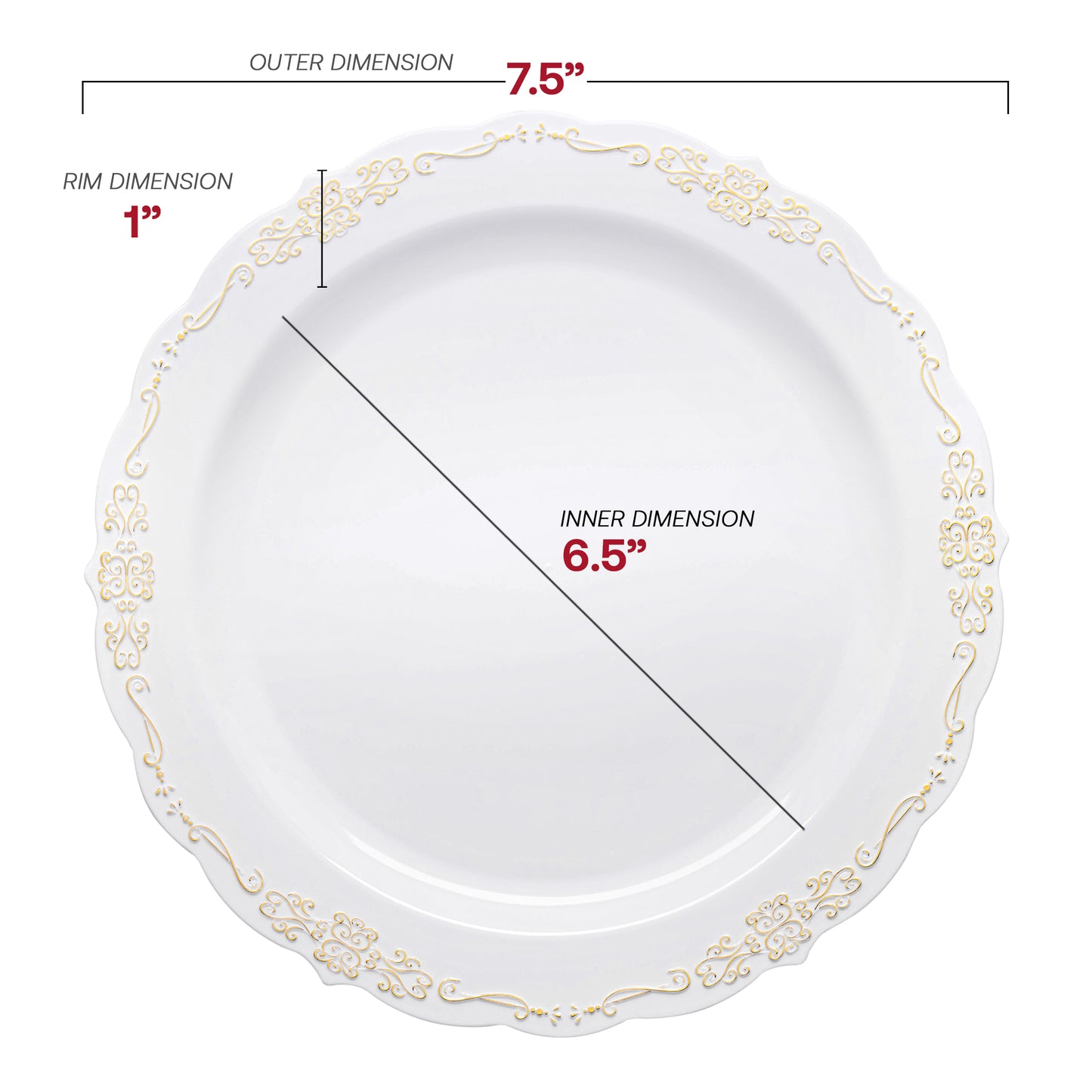 White with Gold Vintage Rim Round Disposable Plastic Appetizer/Salad Plates (7.5") Dimension | The Kaya Collection