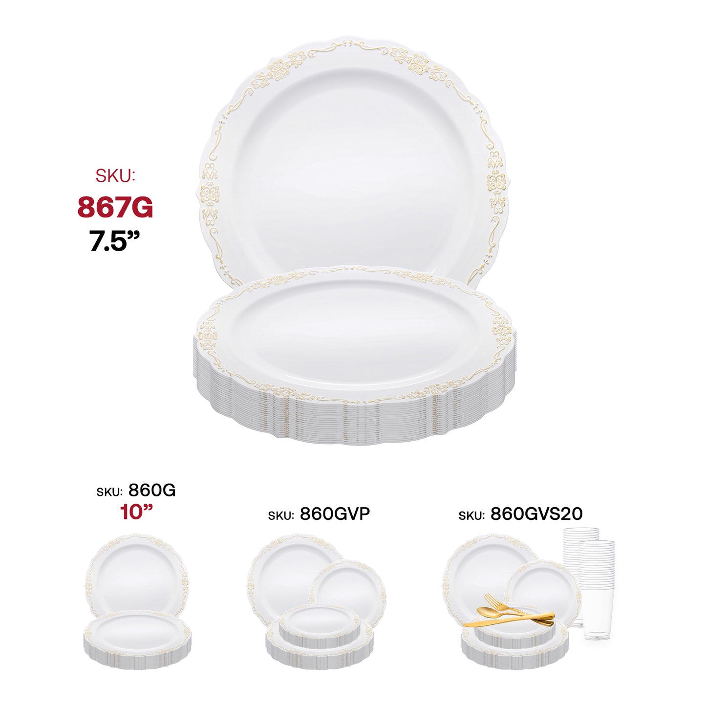 White with Gold Vintage Rim Round Disposable Plastic Appetizer/Salad Plates (7.5") SKU | The Kaya Collection