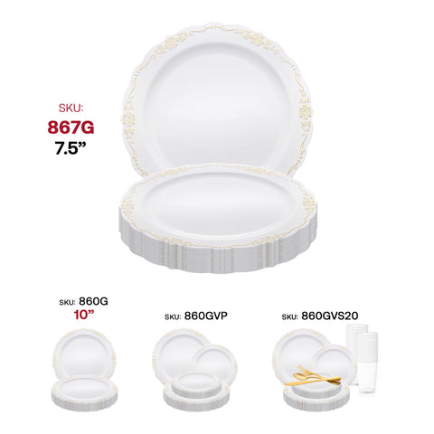 White with Gold Vintage Rim Round Disposable Plastic Appetizer/Salad Plates (7.5