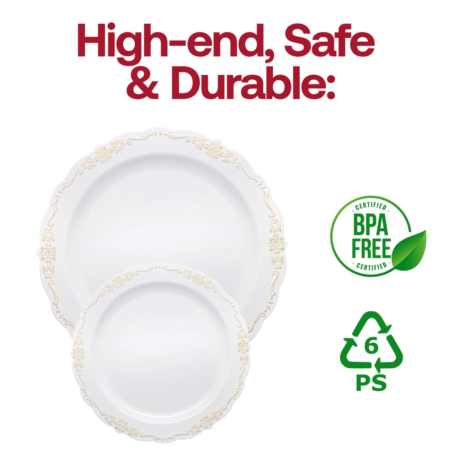 White with Gold Vintage Rim Round Disposable Plastic Dinner Plates (10") BPA | The Kaya Collection