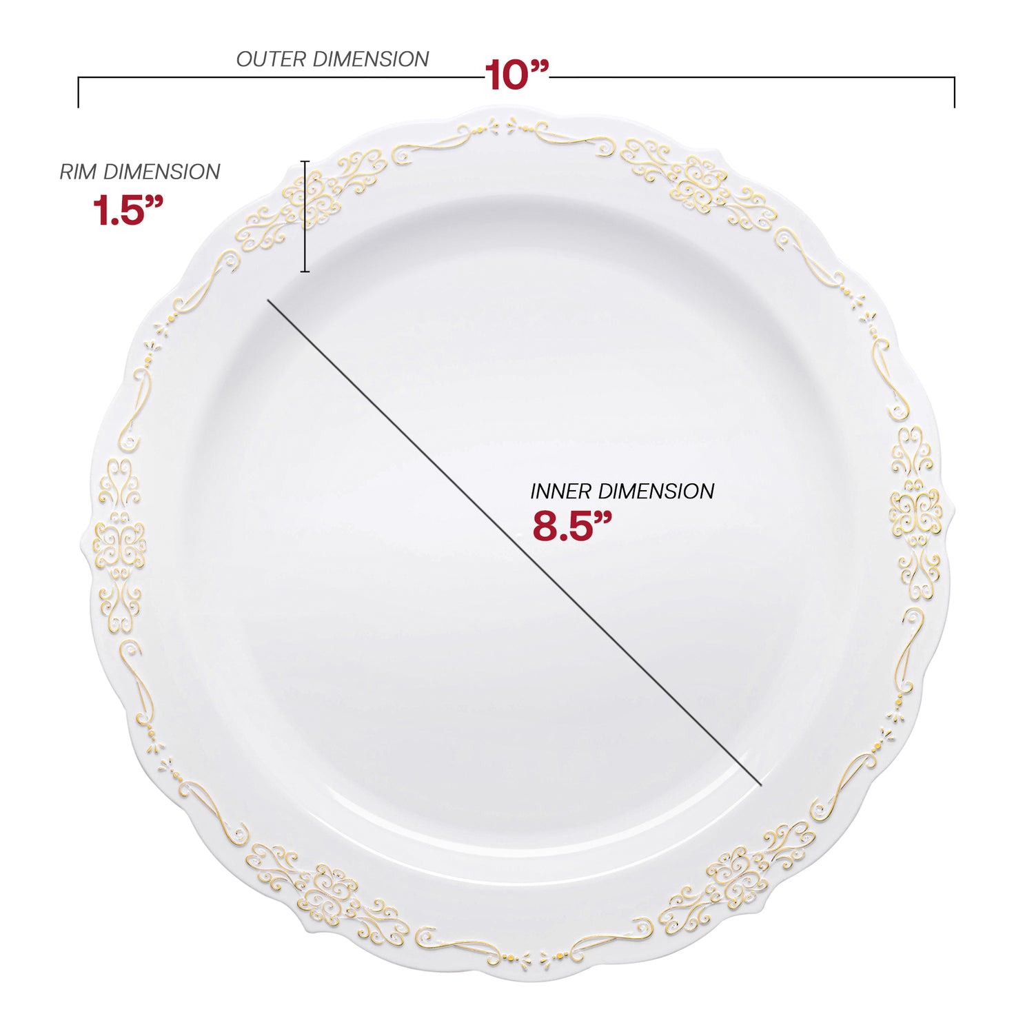 White with Gold Vintage Rim Round Disposable Plastic Dinner Plates (10") Dimension | The Kaya Collection