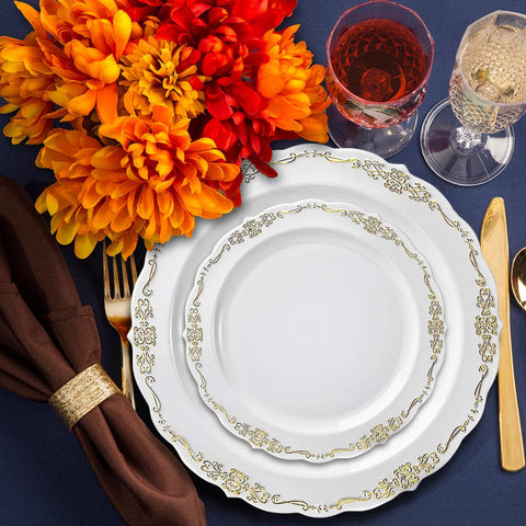 White with Gold Vintage Round Plastic Disposable Dinner Plates (10