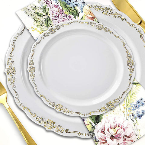 White with Gold Vintage Round Plastic Disposable Dinner Plates (10