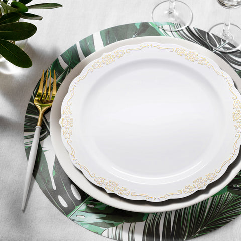 White with Gold Vintage Round Plastic Disposable Dinner Plates (10
