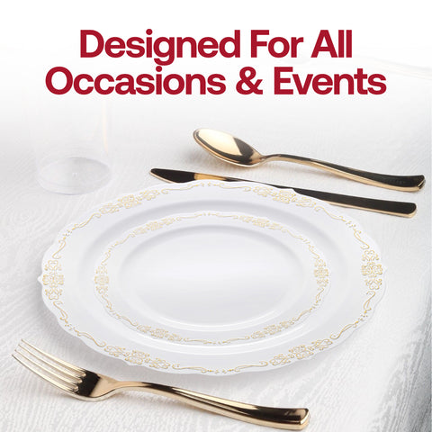 White with Gold Vintage Rim Round Disposable Plastic Dinner Plates (10