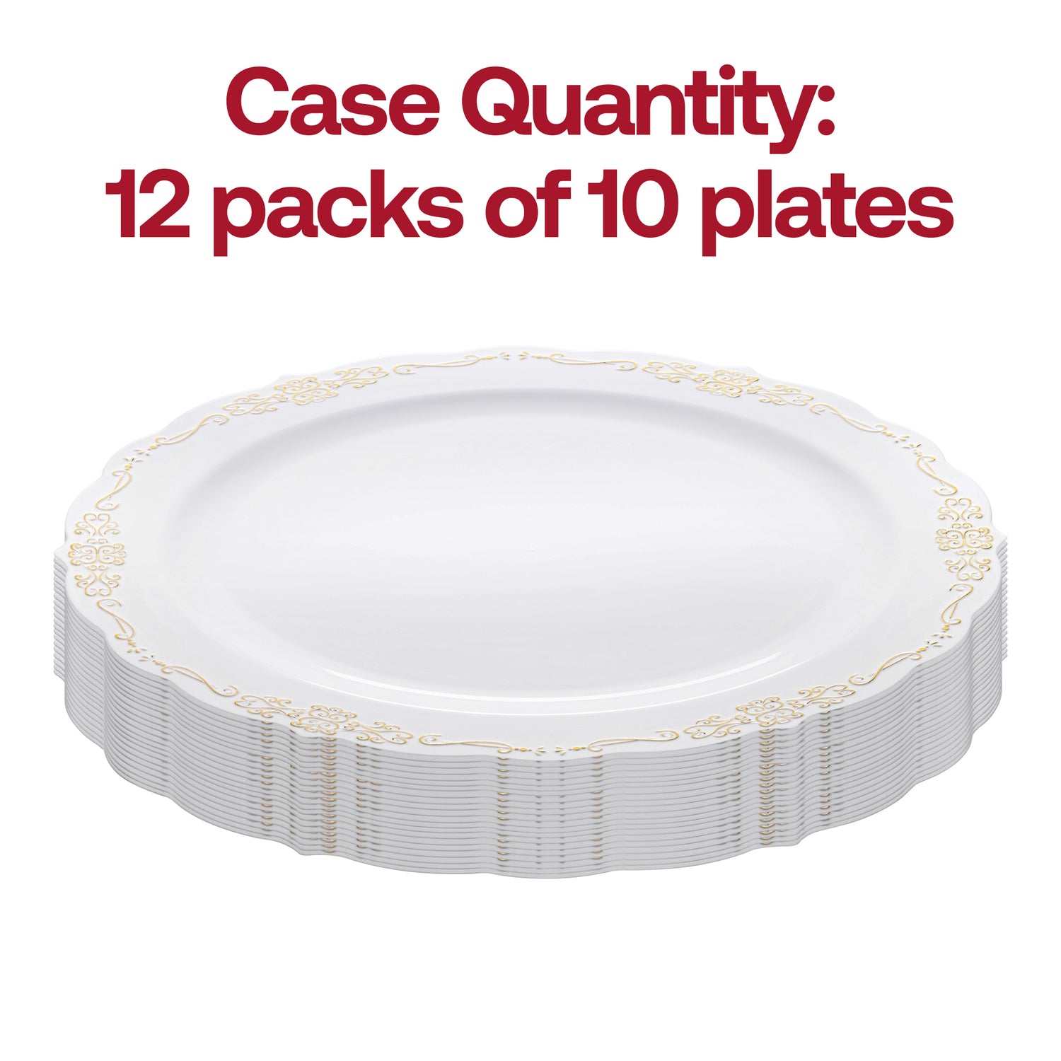 White with Gold Vintage Rim Round Disposable Plastic Dinner Plates (10") Quantity | The Kaya Collection