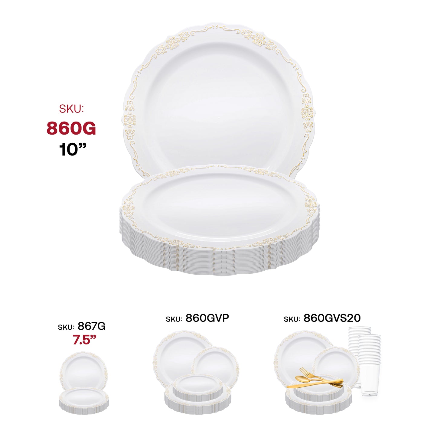 White with Gold Vintage Rim Round Disposable Plastic Dinner Plates (10") SKU | The Kaya Collection