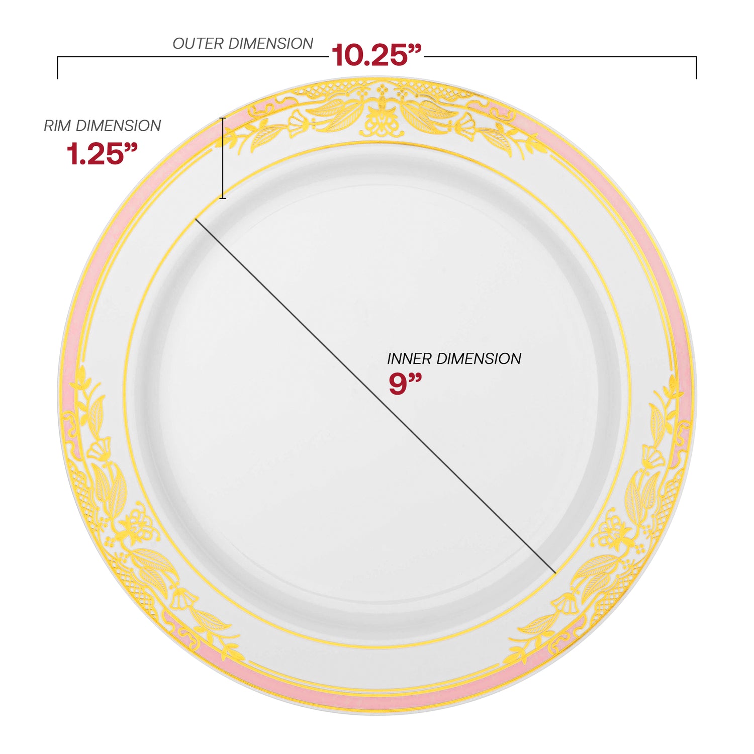 White with Pink and Gold Harmony Rim Disposable Plastic Dinner Plates (10.25") Dimension | Smarty Had A Party