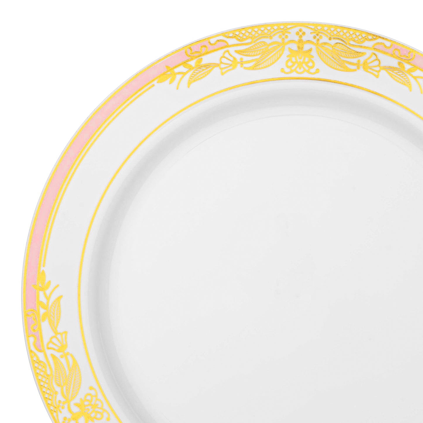 White with Pink and Gold Harmony Rim Disposable Plastic Dinner Plates (10.25")