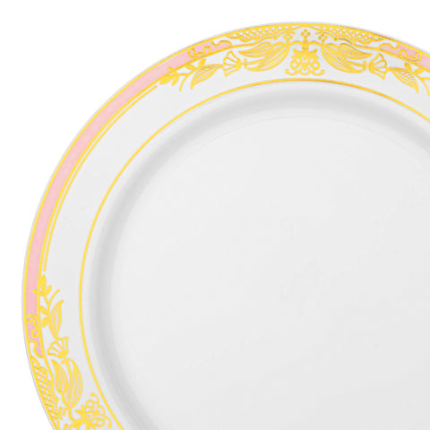 White with Pink and Gold Harmony Rim Disposable Plastic Dinner Plates (10.25