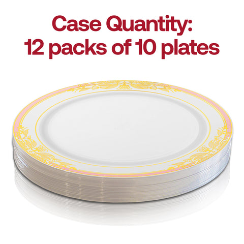 White with Pink and Gold Harmony Rim Disposable Plastic Dinner Plates (10.25