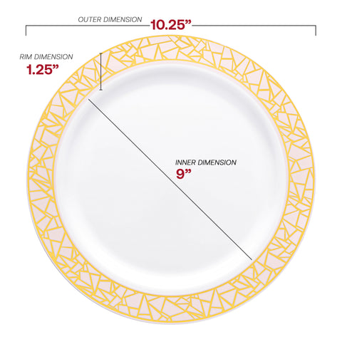 White with Pink and Gold Mosaic Rim Round Disposable Plastic Dinner Plates (10.25