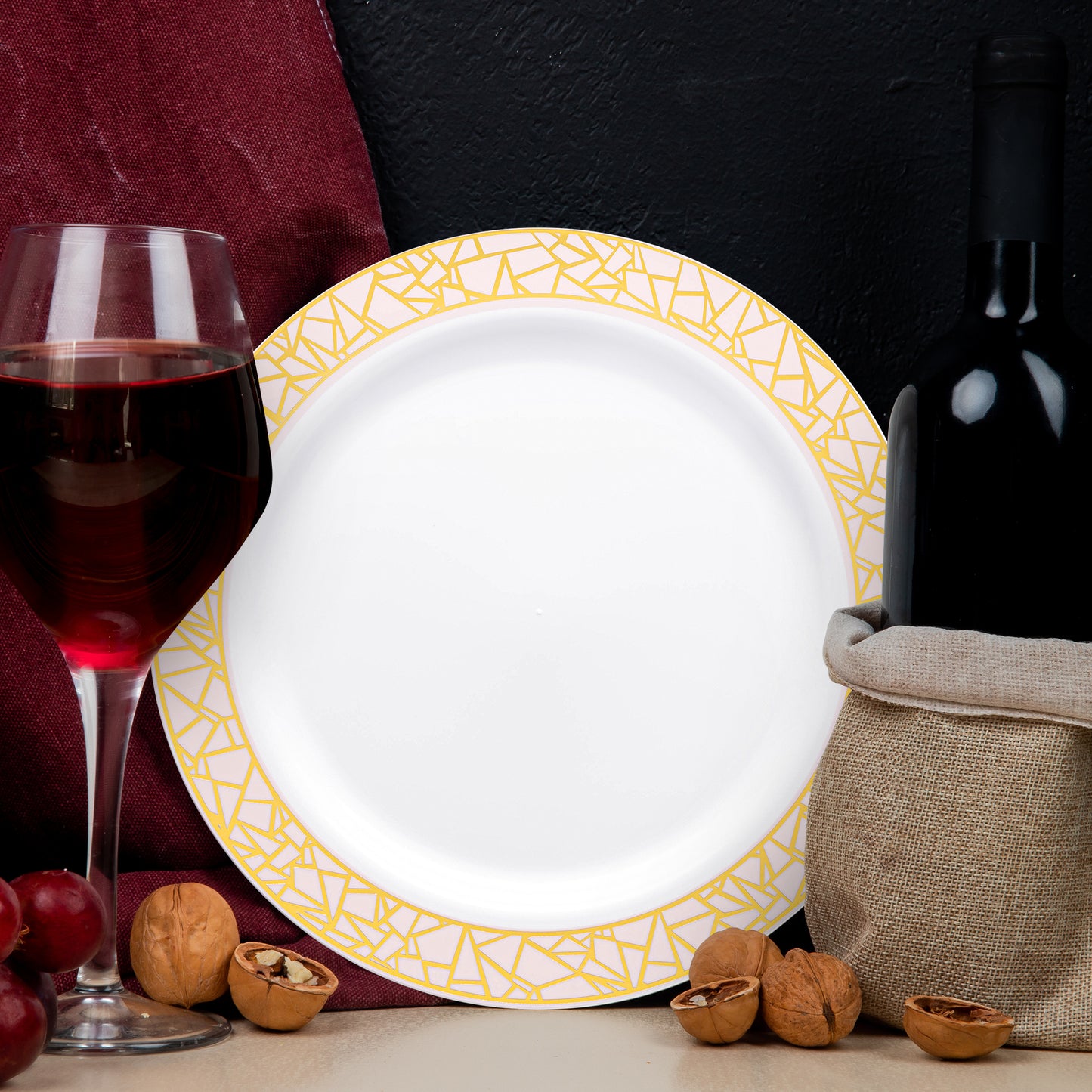 White with Pink and Gold Mosaic Rim Round Disposable Plastic Dinner Plates (10.25")