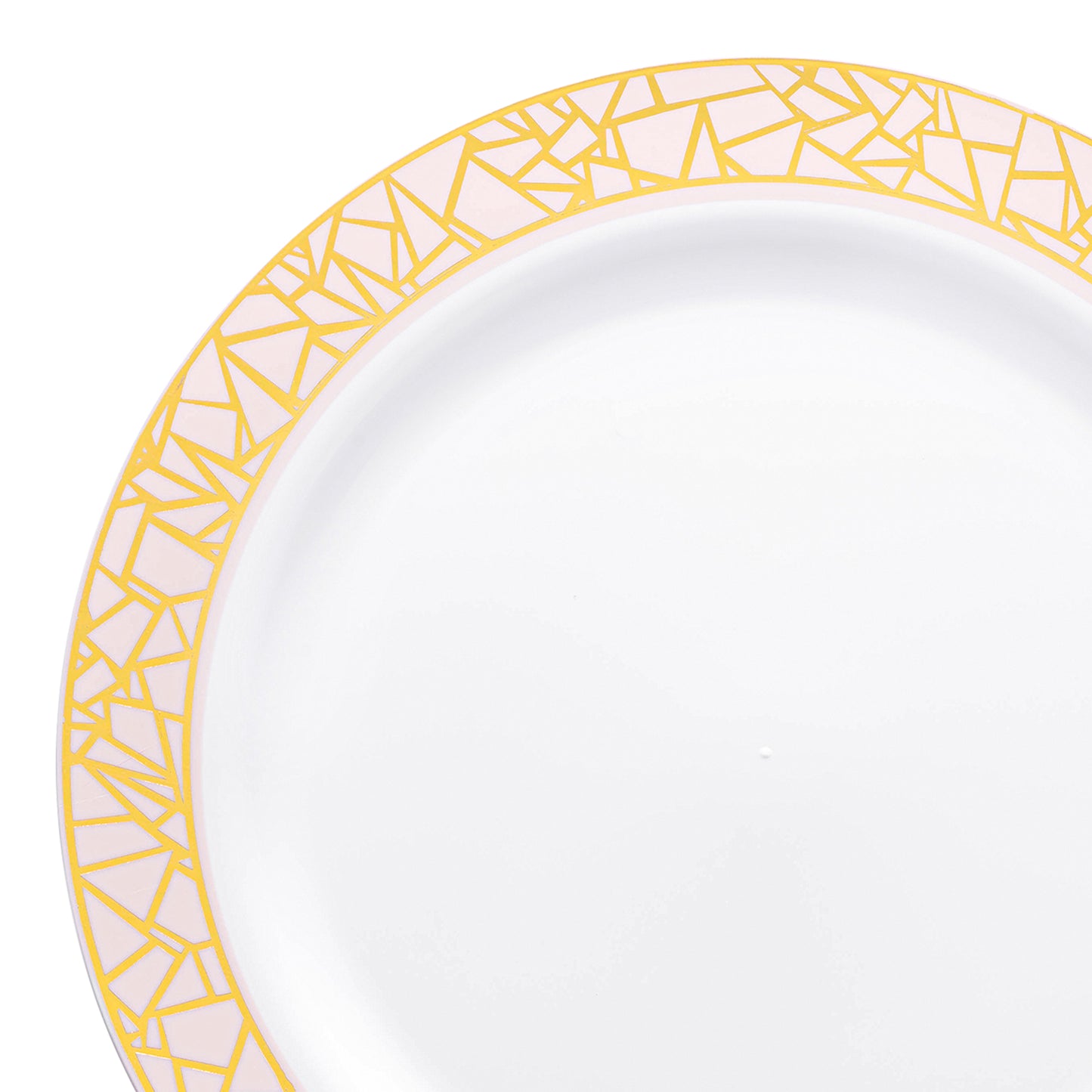 White with Pink and Gold Mosaic Rim Round Disposable Plastic Dinner Plates (10.25")