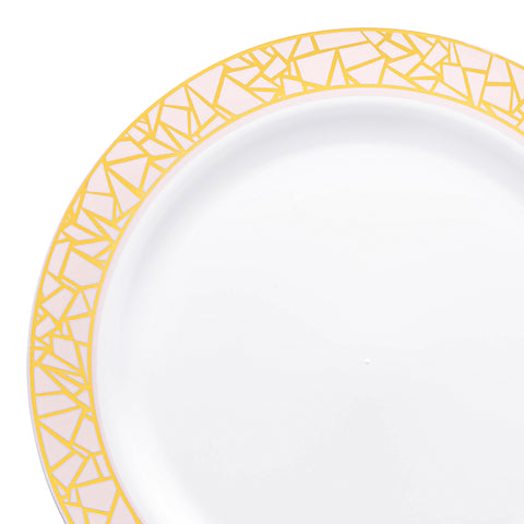 White with Pink and Gold Mosaic Rim Round Disposable Plastic Dinner Plates (10.25