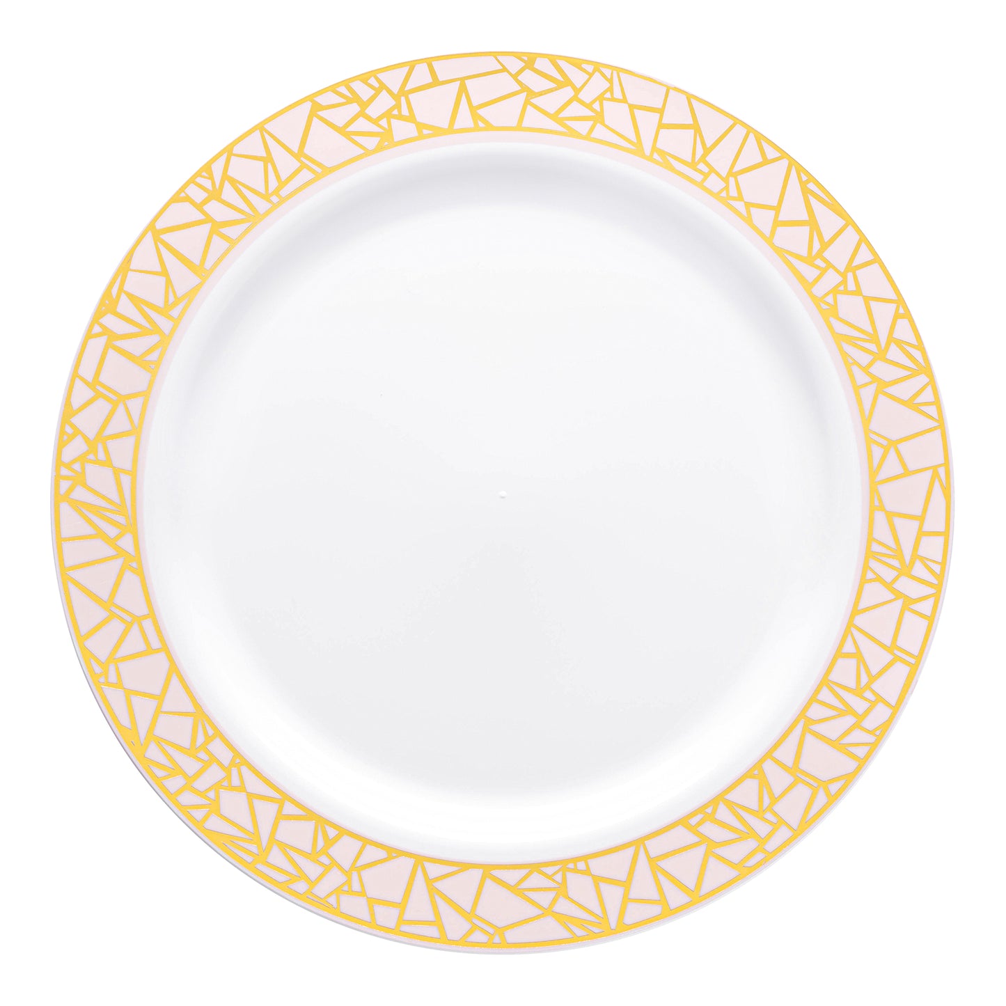 White with Pink and Gold Mosaic Rim Round Disposable Plastic Dinner Plates (10.25")