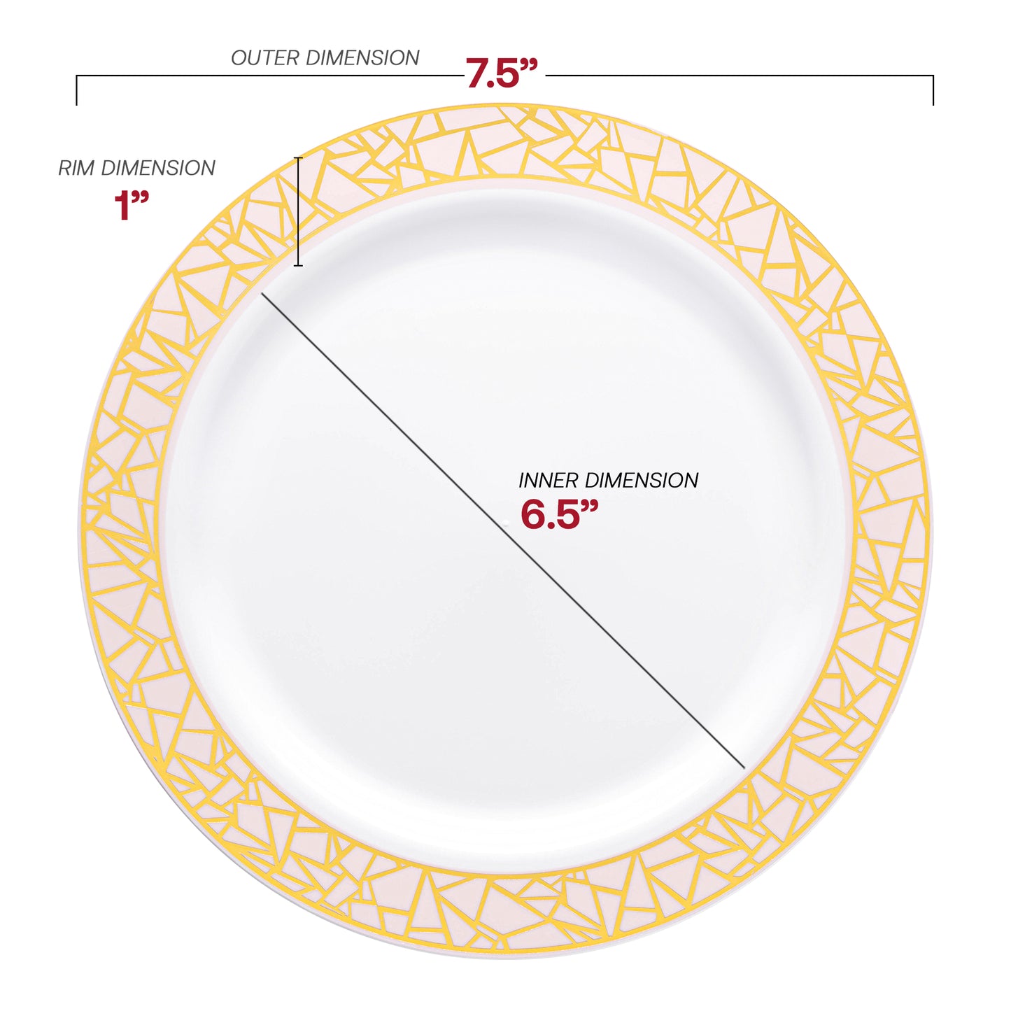 White with Pink and Gold Mosaic Rim Round Plastic Salad Plates (7.5")