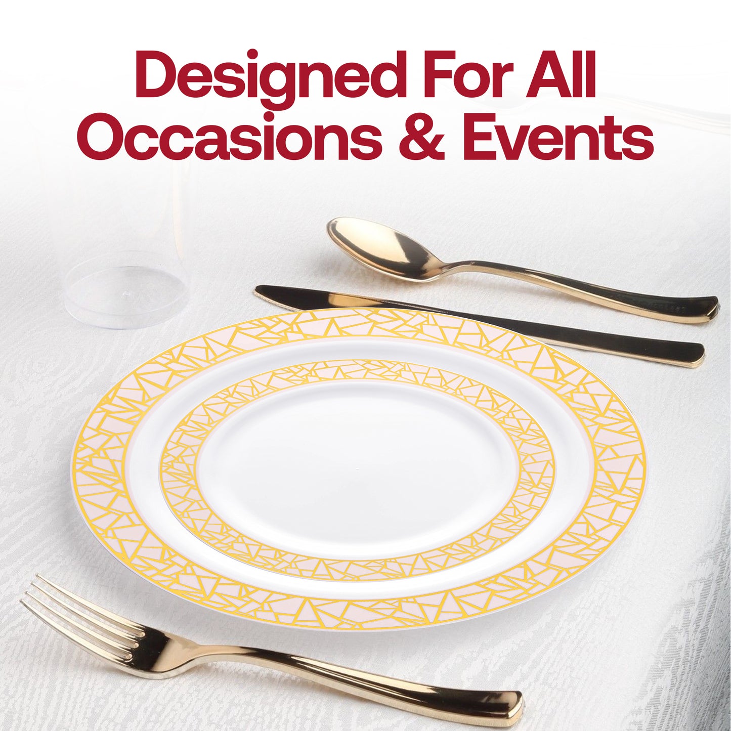 White with Pink and Gold Mosaic Rim Round Plastic Salad Plates (7.5")