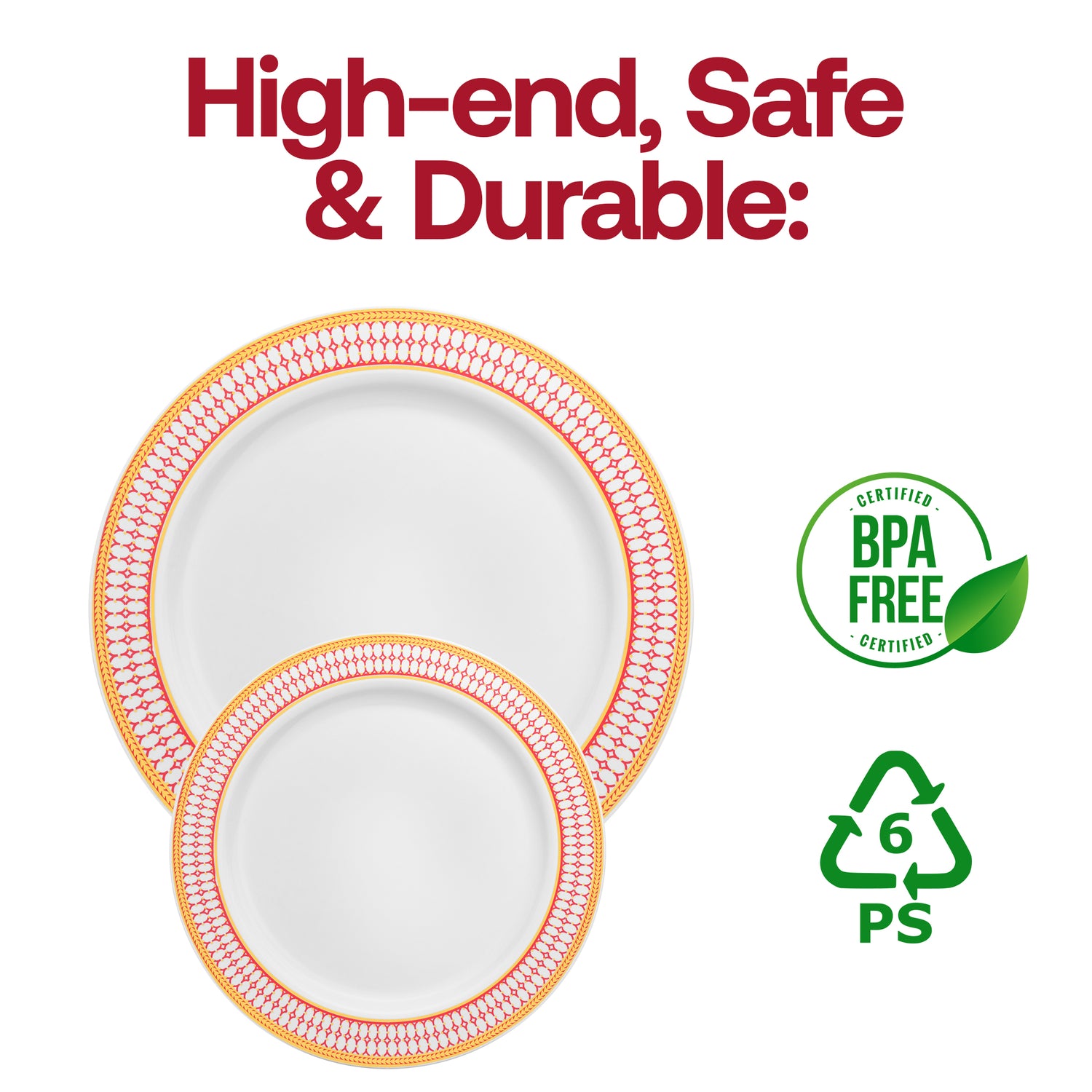 White with Red and Gold Chord Rim Plastic Appetizer/Salad Plates | The Kaya Collection