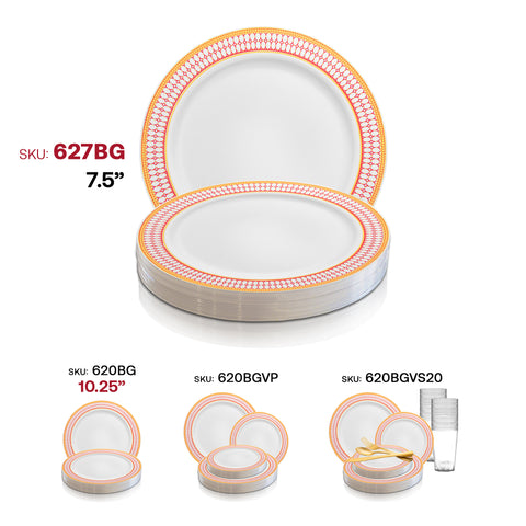 White with Red and Gold Chord Rim Plastic Appetizer/Salad Plates | The Kaya Collection