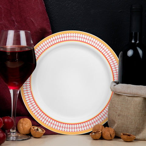 White with Red and Gold Chord Rim Disposable Plastic Dinner Plates (10.25