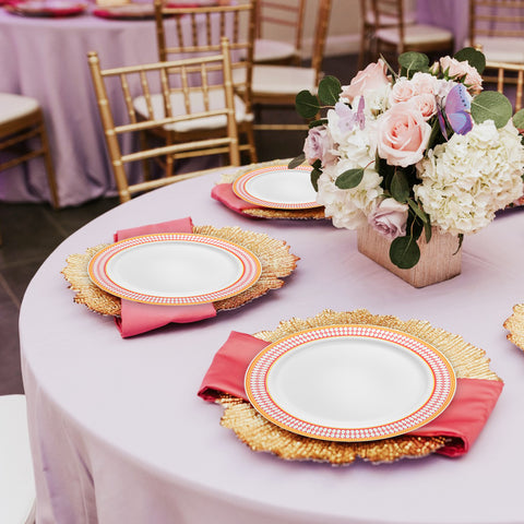 White with Red and Gold Chord Rim Disposable Plastic Dinner Plates (10.25