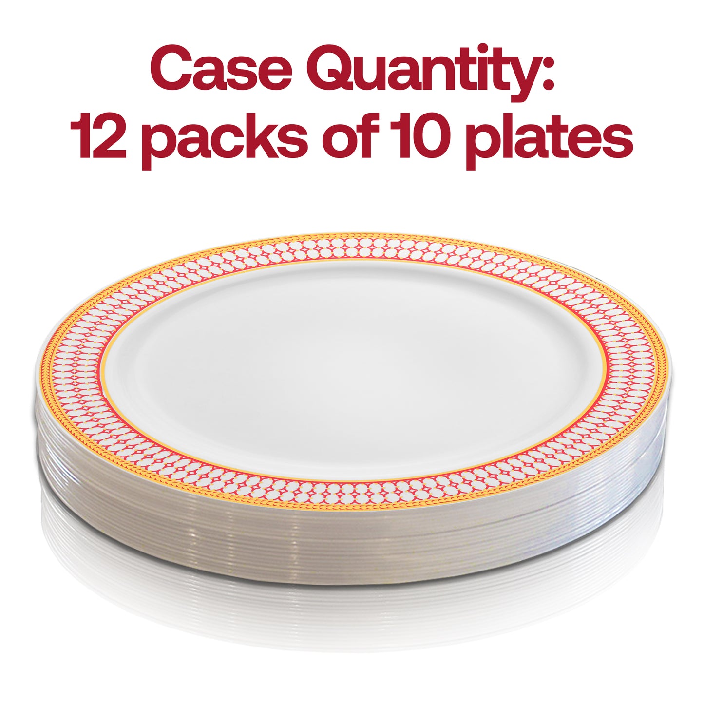 White with Red and Gold Chord Rim Plastic Dinner Plates (10.25") Quantity | The Kaya Collection
